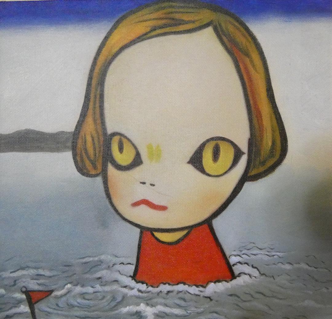 油彩画 奈良美智 「風景、人物」サイン F4 額装済み 肉筆手描き