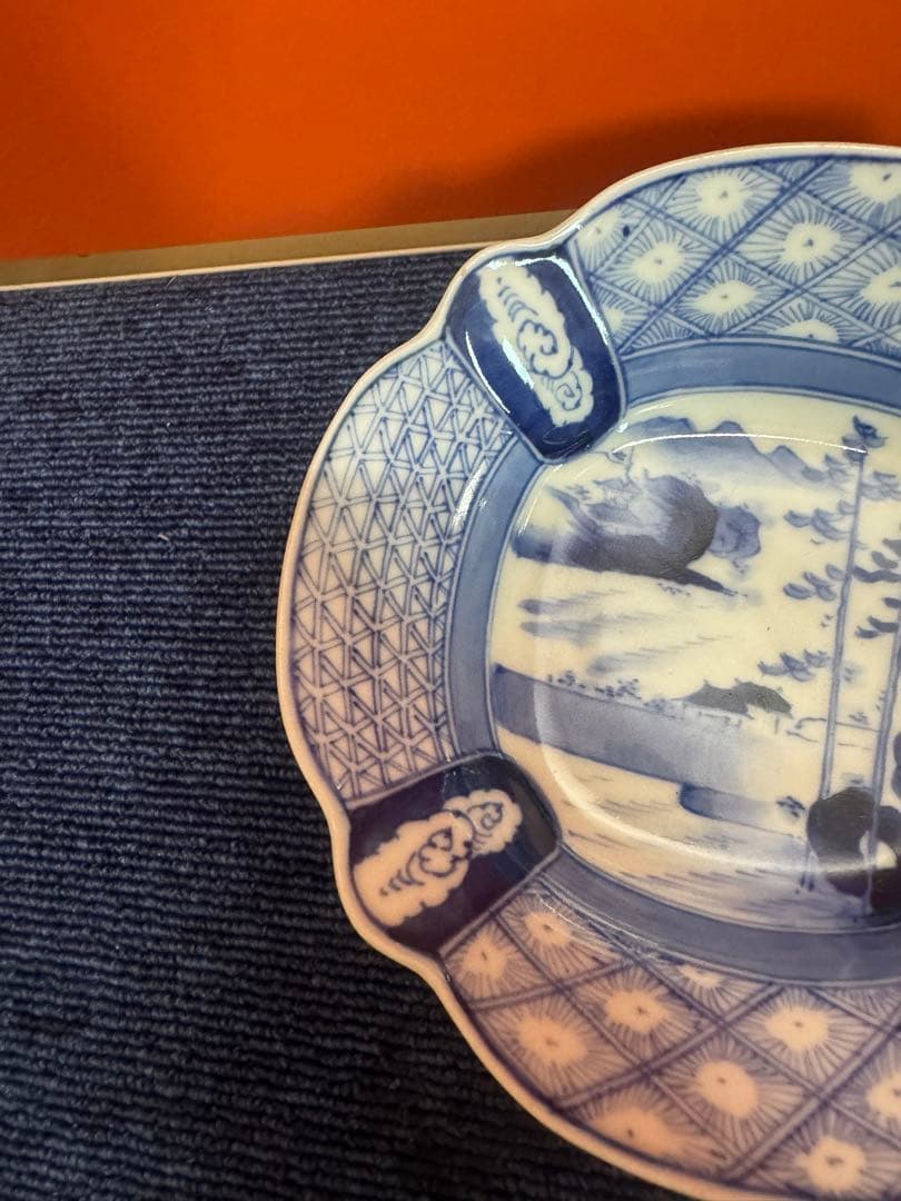 1858  古伊万里　染付山水　大明成化年製銘　皿　5客　未使用