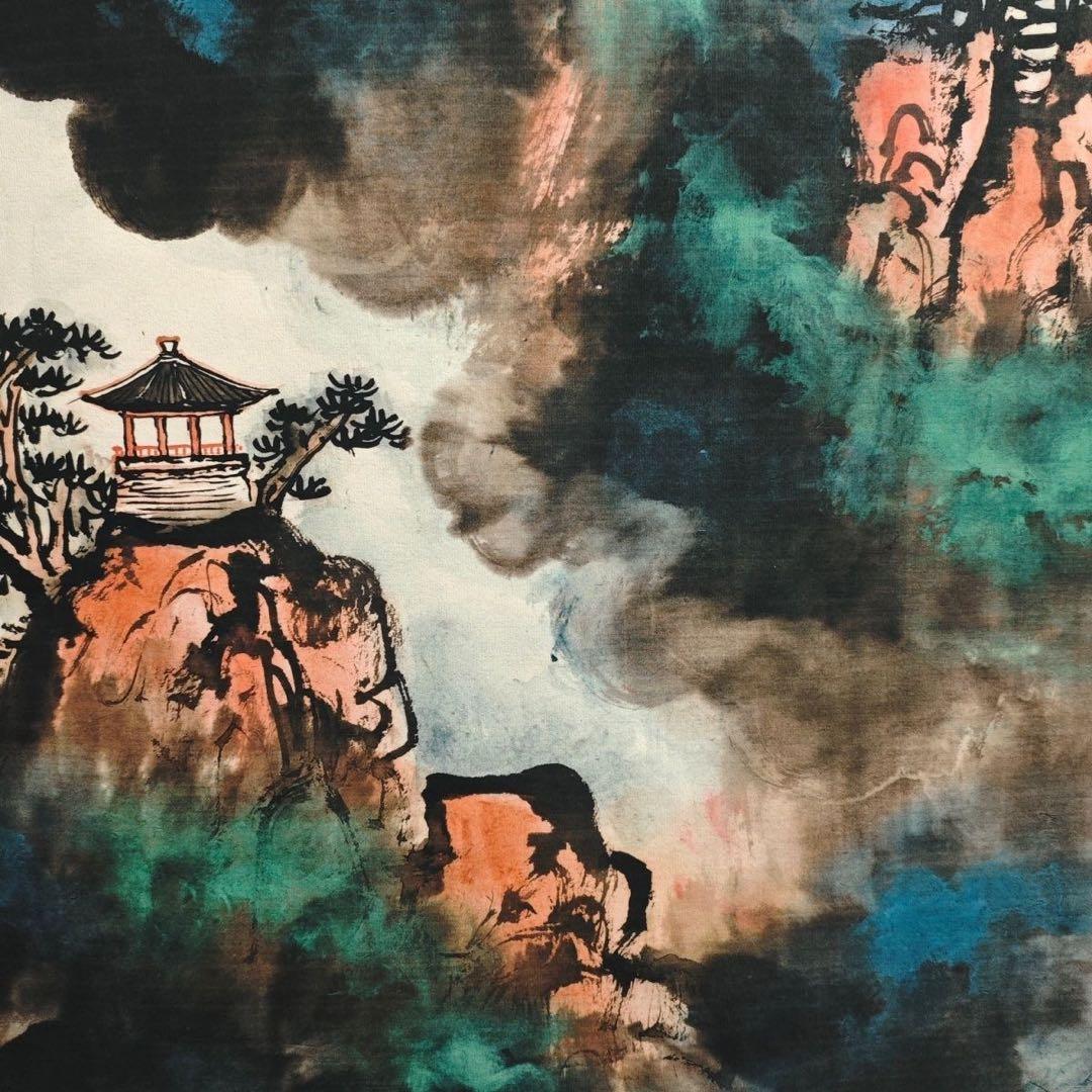 中国画 刘海粟・山水 天下奇観 四尺中堂掛軸　宣紙装裱175×70cm実物撮影