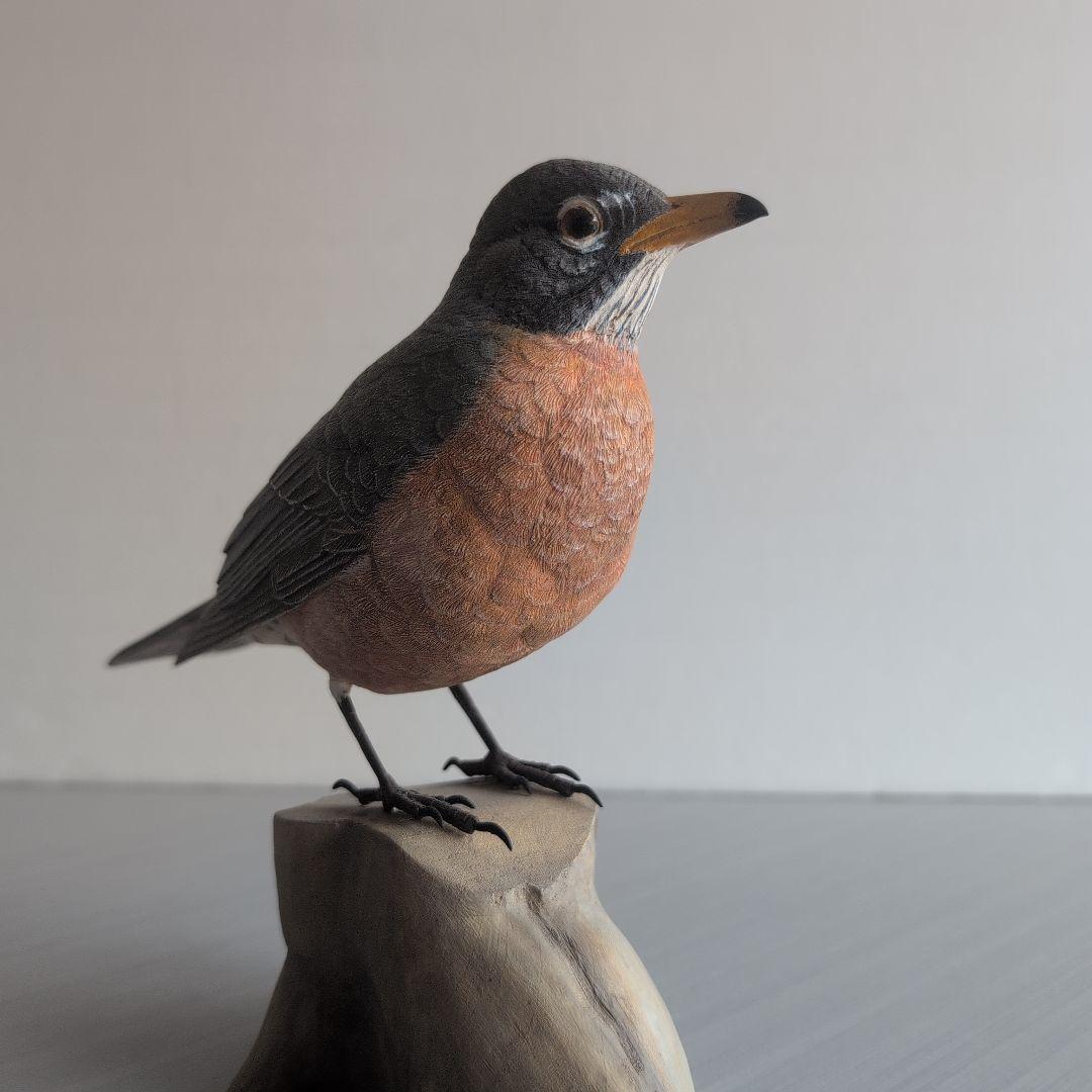 リアル木彫り　コマツグミ(アメリカン　ロビン) 野鳥彫刻 バードカービング