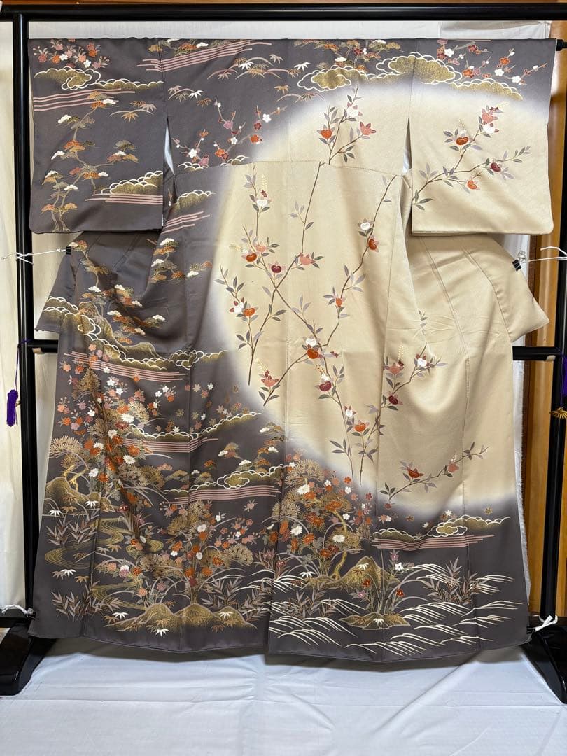 訪問着、幅広サイズ、重ね襟付き、金彩、吉兆柄、正絹.No512A