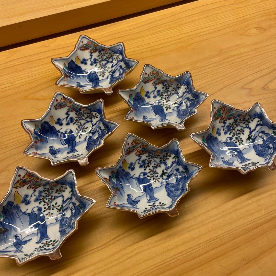 東山 古赤絵写 高士図楓形小皿 6客 共箱あり 宮永東山　魯山人　茶道具　向附