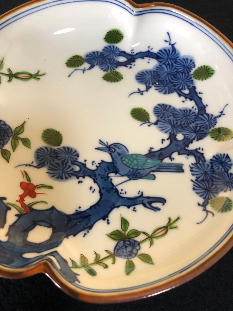 《レ》有田焼 源右衛門作 染錦松花鳥 木瓜 銘々皿5客 251127お1