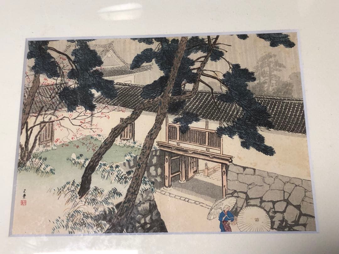 川合玉堂　木版画　古寺の春　版画24×18cm 額44×37cm