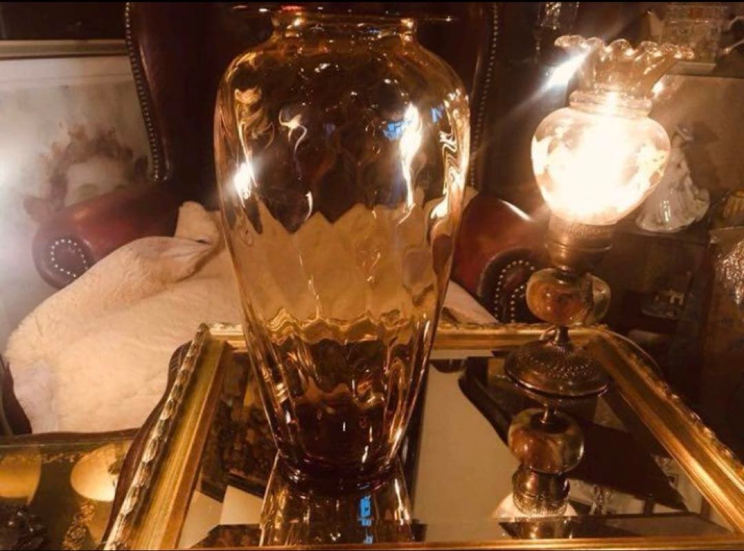 湯布院アンティークフランスヴィンテージ アンバーガラス フラワースタンド花瓶