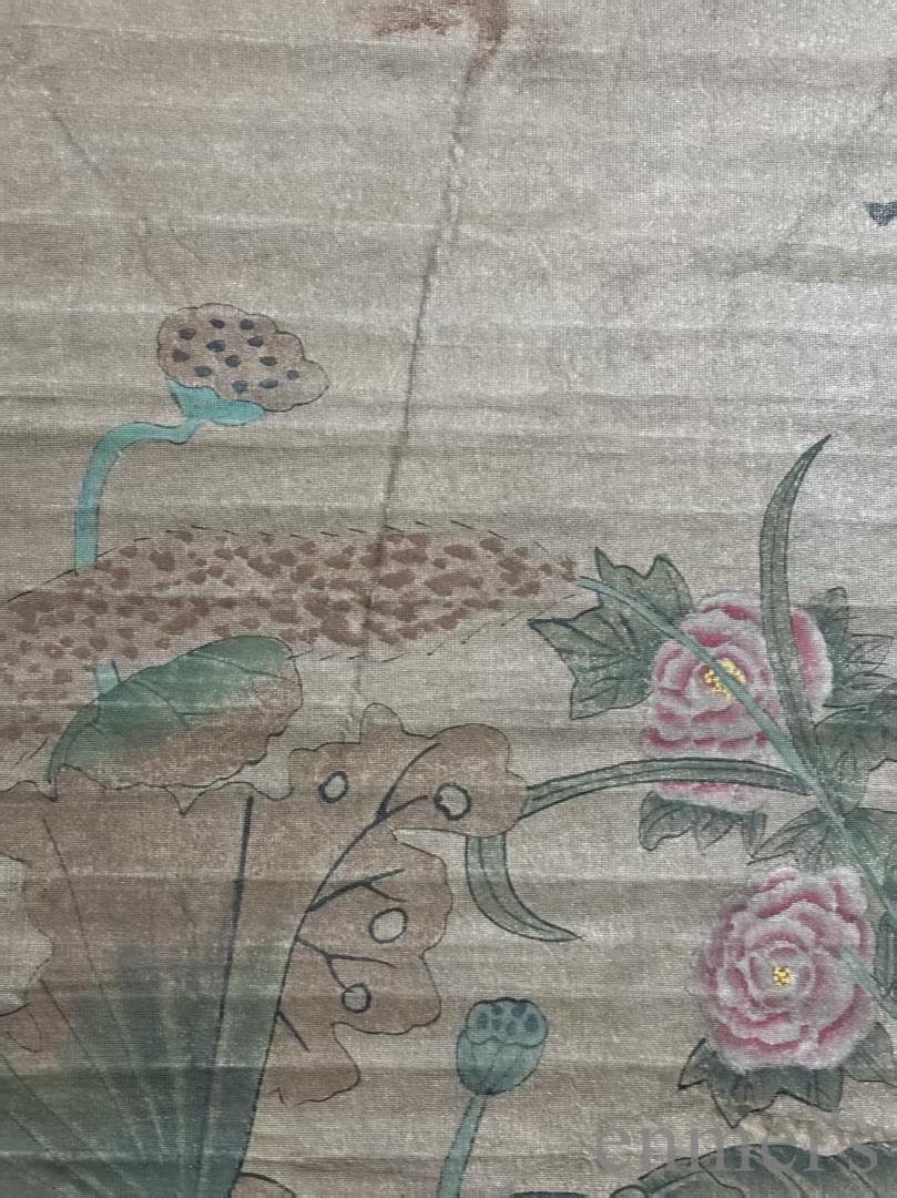 中国古美術.明時代.趙孟頫款.花鳥図.絹布画.三尺手描き.掛け軸.古賞物.古美味