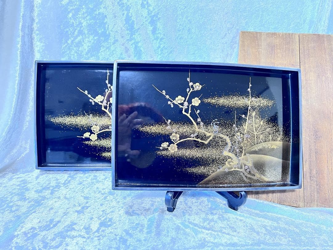 金蒔絵　松梅紋　入子盆一対　明治期　裏底にダメージ有