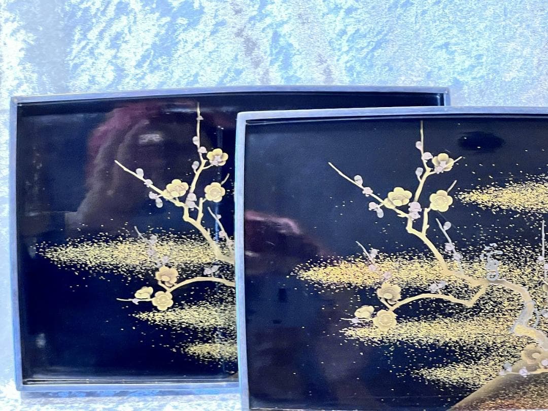金蒔絵　松梅紋　入子盆一対　明治期　裏底にダメージ有
