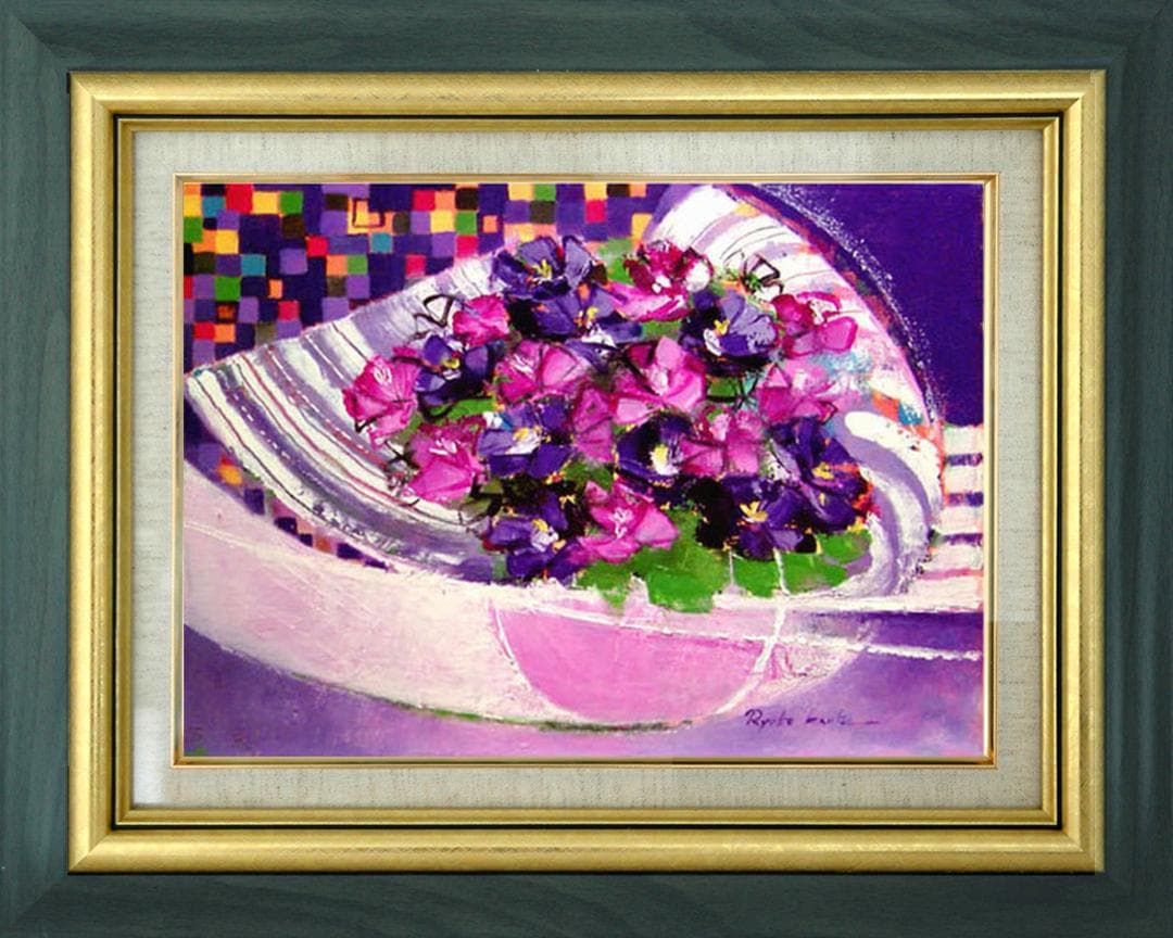 菅家令子 油絵 画絵インテリア 額付(青緑＋金色の枠) uF6-062304 花