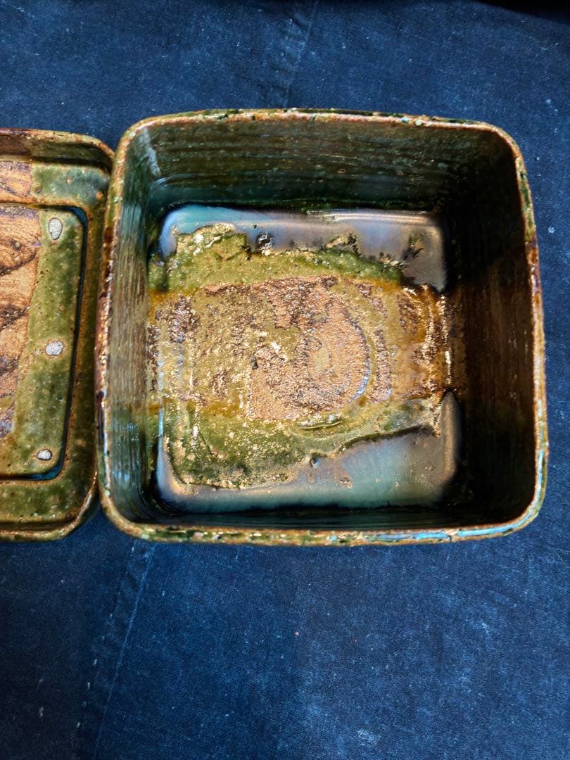 岩井窯　山本教行　蓋物　菓子器　織部釉　傷無 15×15センチ×高さ7センチ