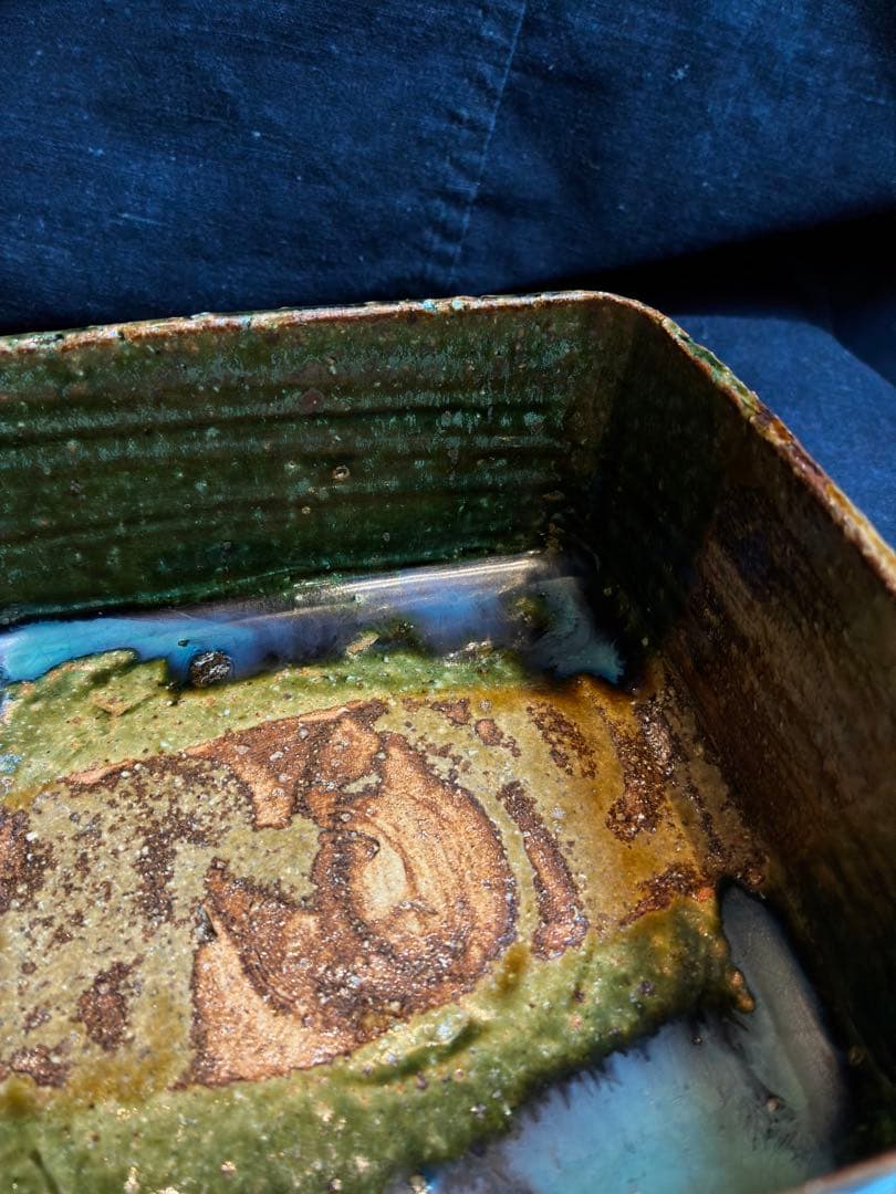 岩井窯　山本教行　蓋物　菓子器　織部釉　傷無 15×15センチ×高さ7センチ