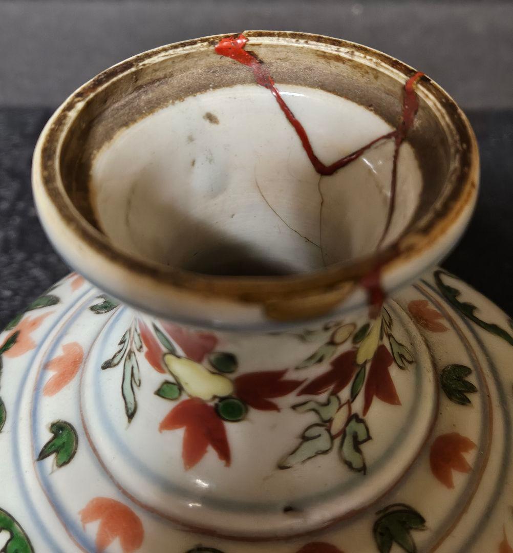 中国古美術　古陶磁器　古玩　明朝　古赤絵　天啓赤絵　五彩　花図瓶　壺　胴継ぎ有り