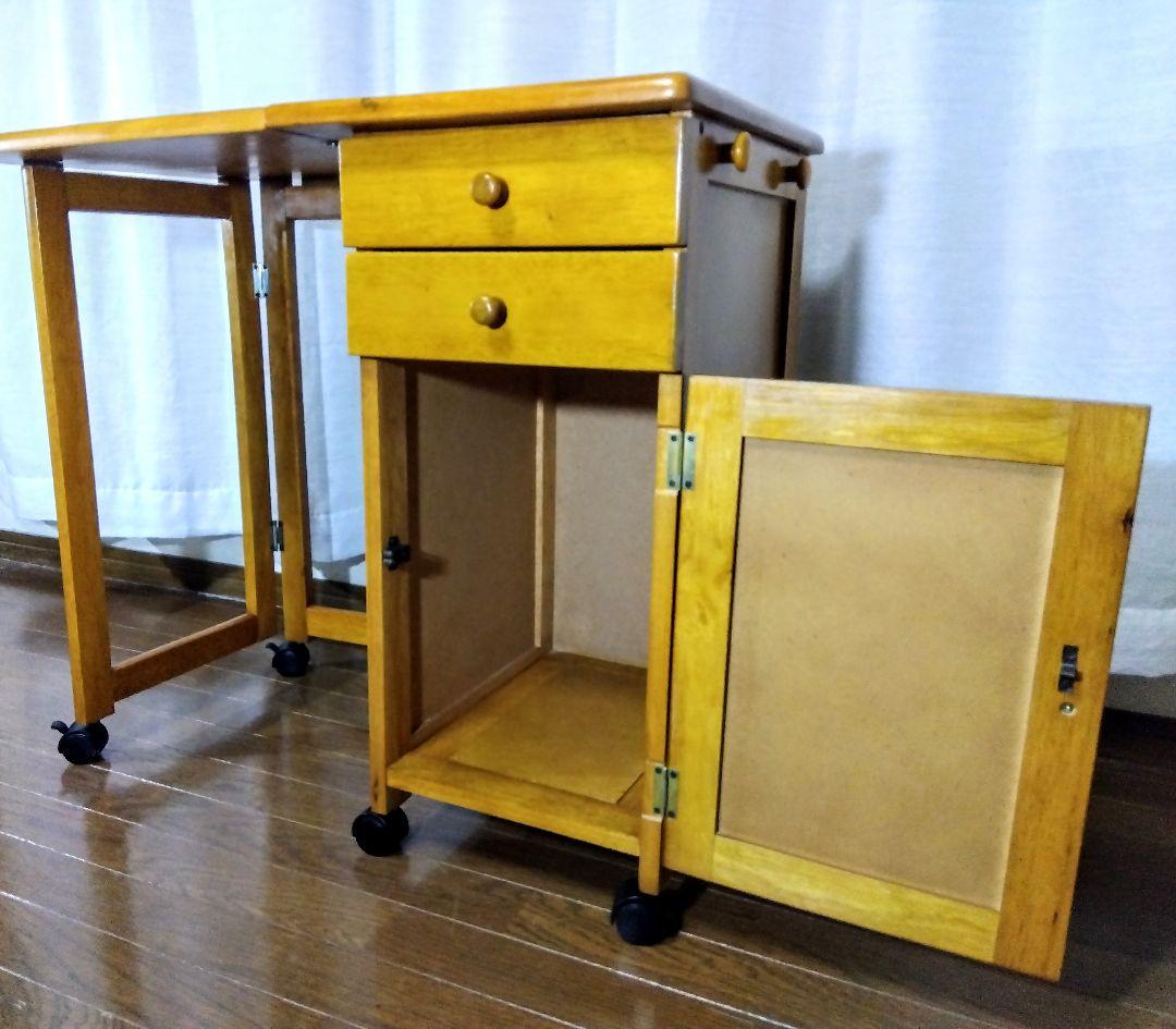 【アンティーク】収納付折畳デスク　多機能サイドテーブル　（キャスター付）匿名配送