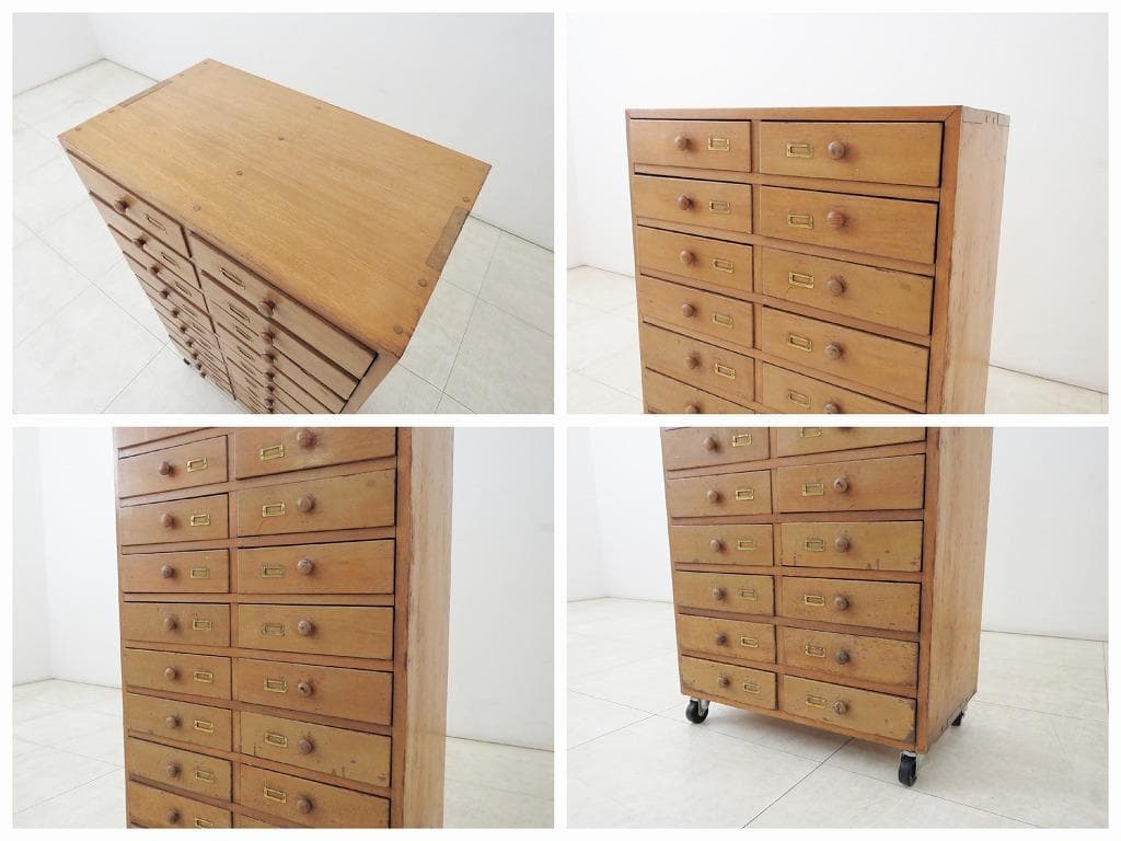 古い木製引き出し 20杯 キャスター ヴィンテージ 古家具 書類 小物入れ