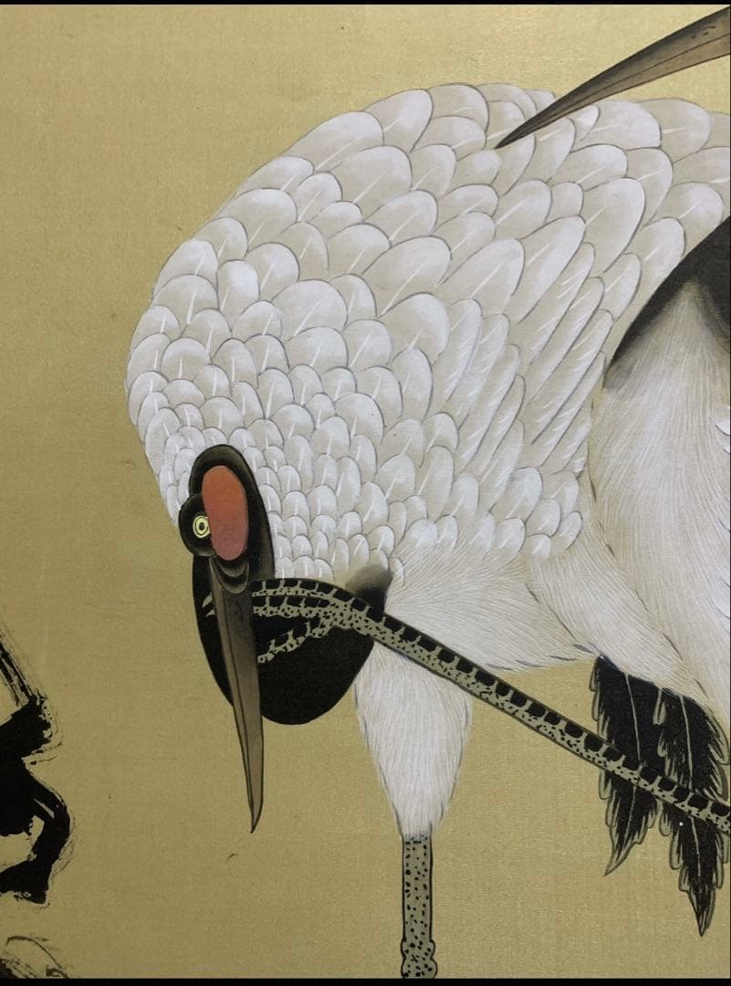 掛軸　花鳥画　松鶴延年図　絹本　手描き　美品