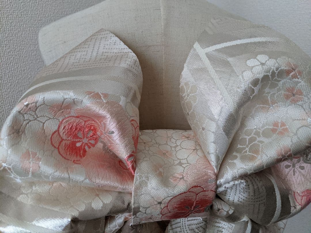 七五三　ジュニアサイズ　大人用袋帯からの作り帯　二部式　子供　着物　白銀ピンク系