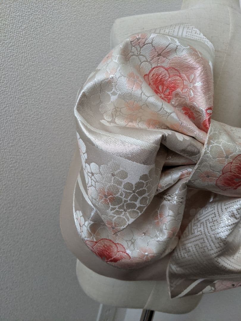 七五三　ジュニアサイズ　大人用袋帯からの作り帯　二部式　子供　着物　白銀ピンク系