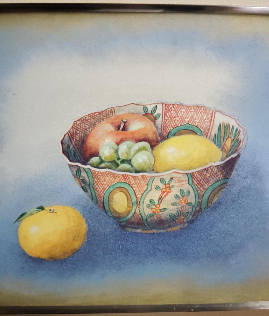 絵画美術　昇采作　赤絵の器に果物の図　静物画　直筆肉筆　銘　額装品