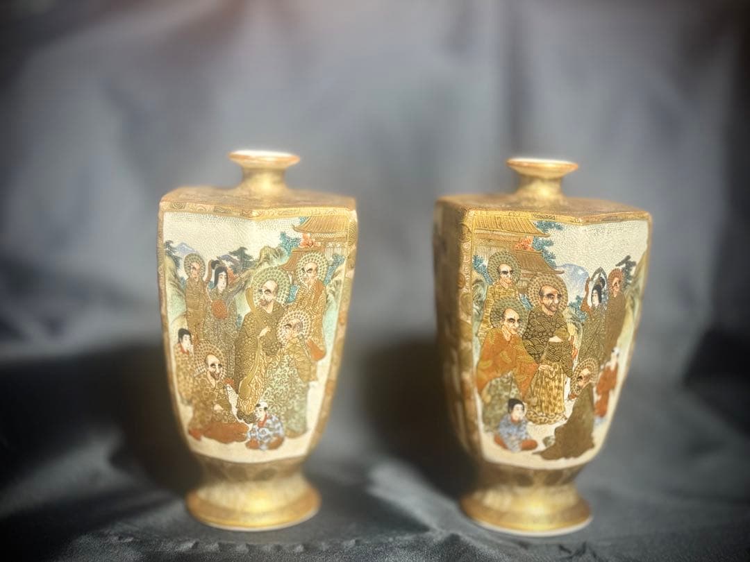 大日本薩摩焼保土田金襴手人物花瓶