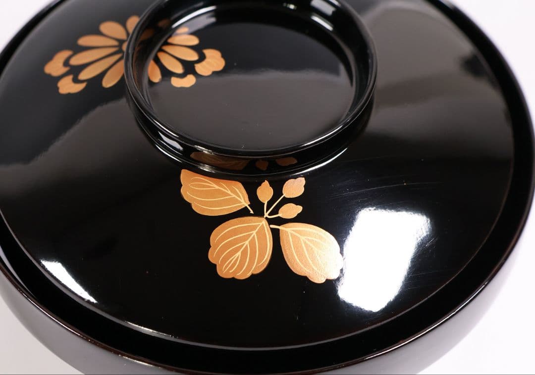 【CM403】天然木漆塗 菊桐鳳凰金蒔絵 黒塗 吸物椀 1客 昭和期 木製漆器