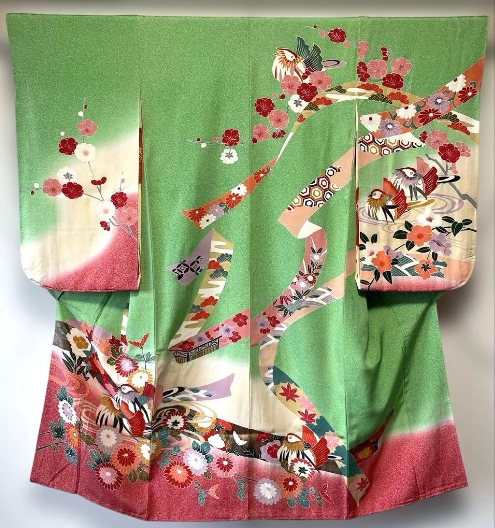 □七五三7歳　正絹女児用振り袖着物　正絹襦袢付　おしどり　緑系