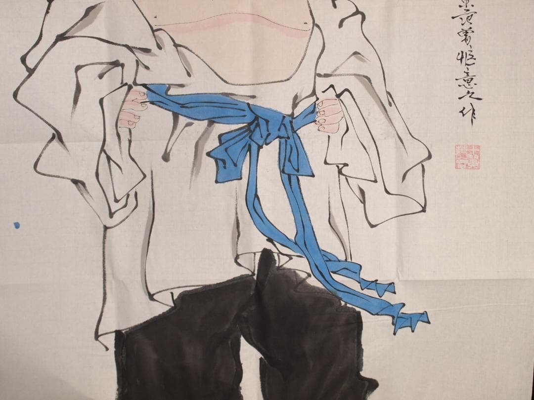 骨董市仕入れ品　中国近代の範曽の掛軸　人物図　肉筆保証 DE037C12-3