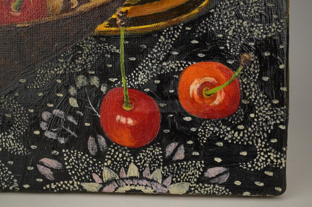 玉之内満雄　1994年作　「デルフトタイルの前のさくらんぼ」　油絵　真作保証