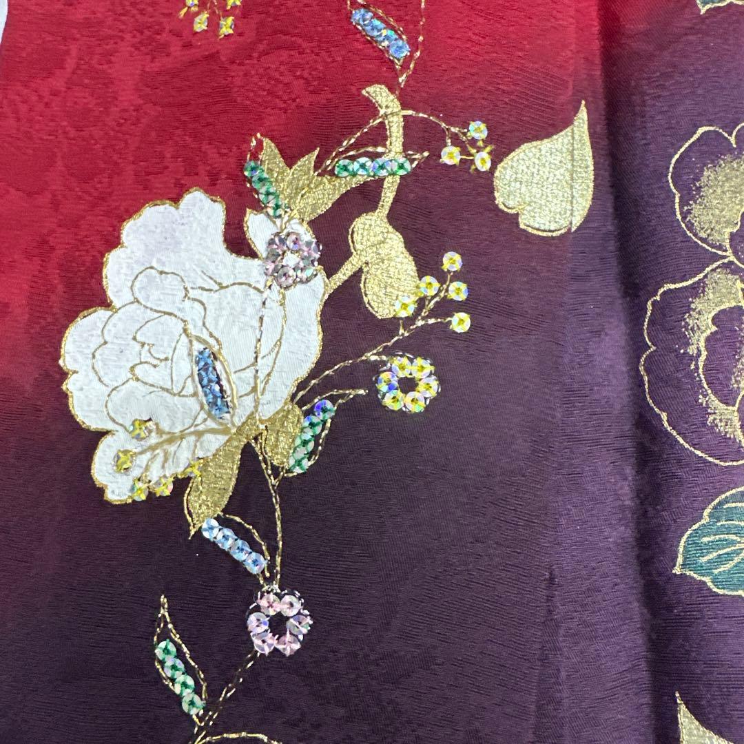 桂由美 落款あり 薔薇 蝶 ラインストーン 赤×紫×金 振袖