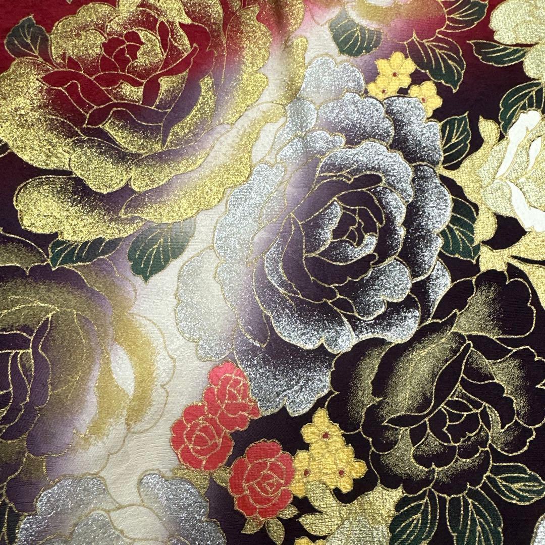 桂由美 落款あり 薔薇 蝶 ラインストーン 赤×紫×金 振袖