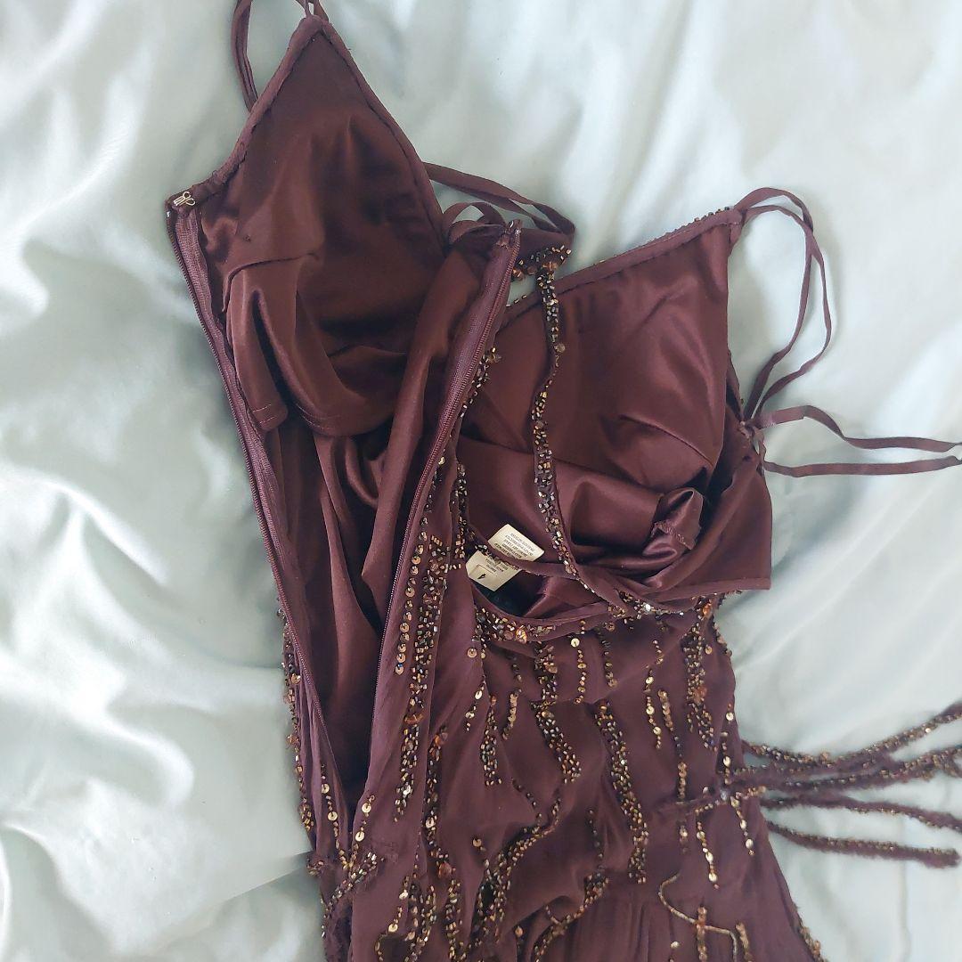 スーウォン ブラウン フリンジビーズスパンコール パーティードレス