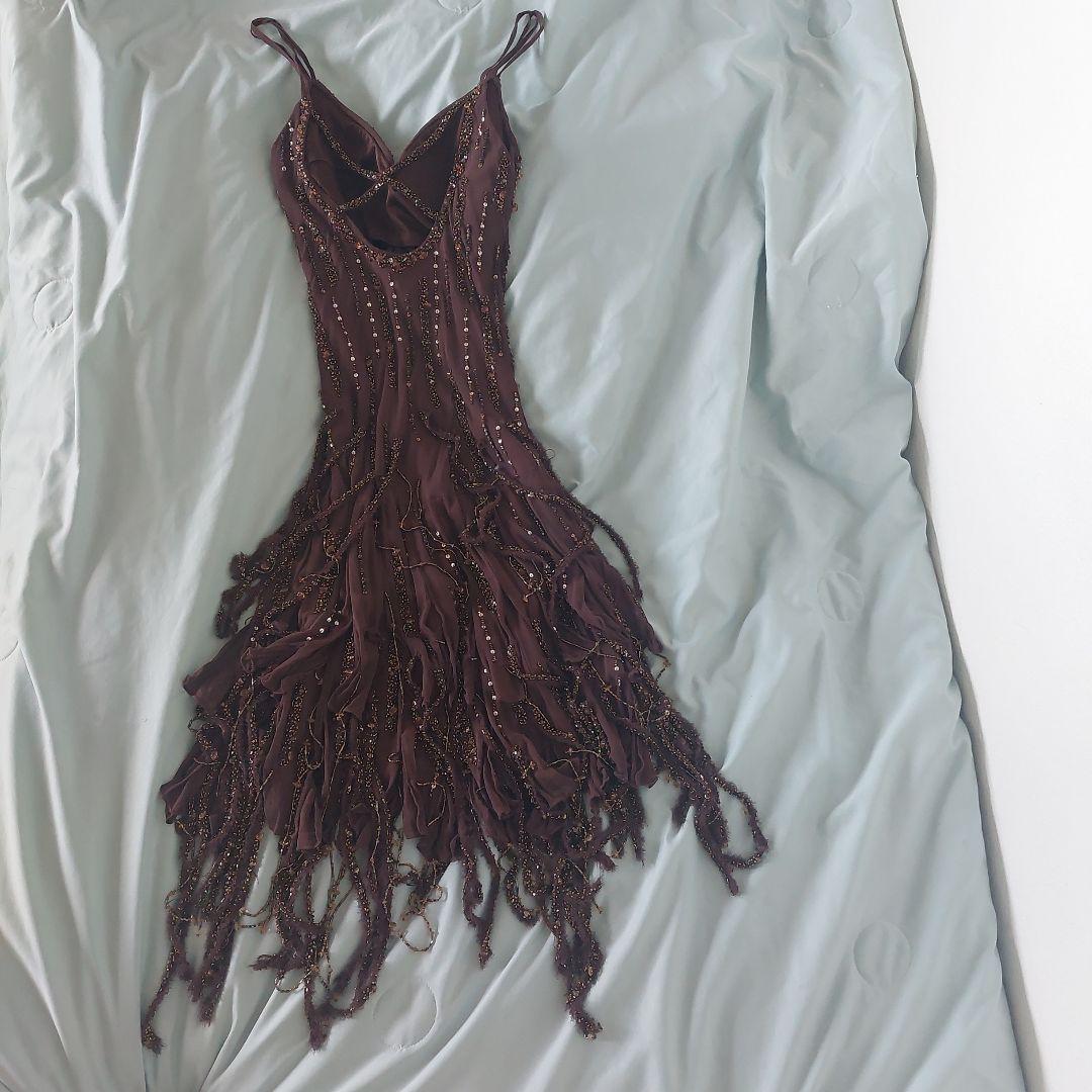 スーウォン ブラウン フリンジビーズスパンコール パーティードレス