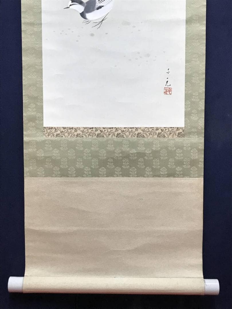 【真作】五十棲子元/リンドウに鶺鴒図/花鳥図/掛軸/名家伝来/AC-777