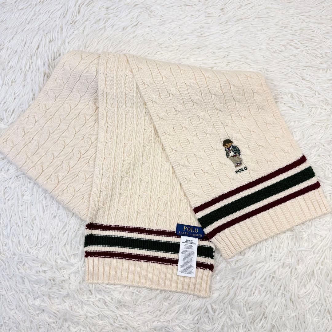 未使用に近い ポロラルフローレン ポロベア マフラー ケーブル編み ウール