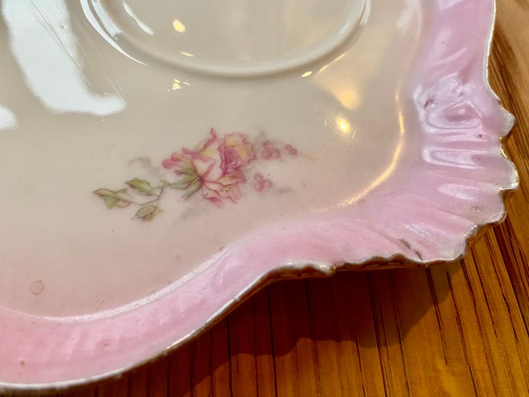 フランスアンティーク ローズのプレート オールドリモージュ ピンクフリンジ