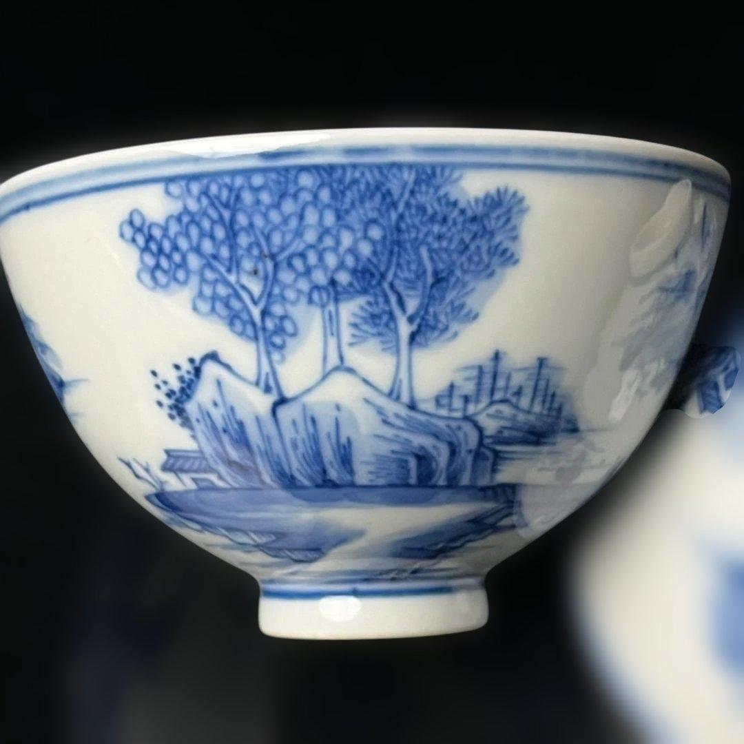 唐物 青花楼閣山水人物紋碗 一対 大清乾隆年製 款 煎茶碗 美術古玩 SH28