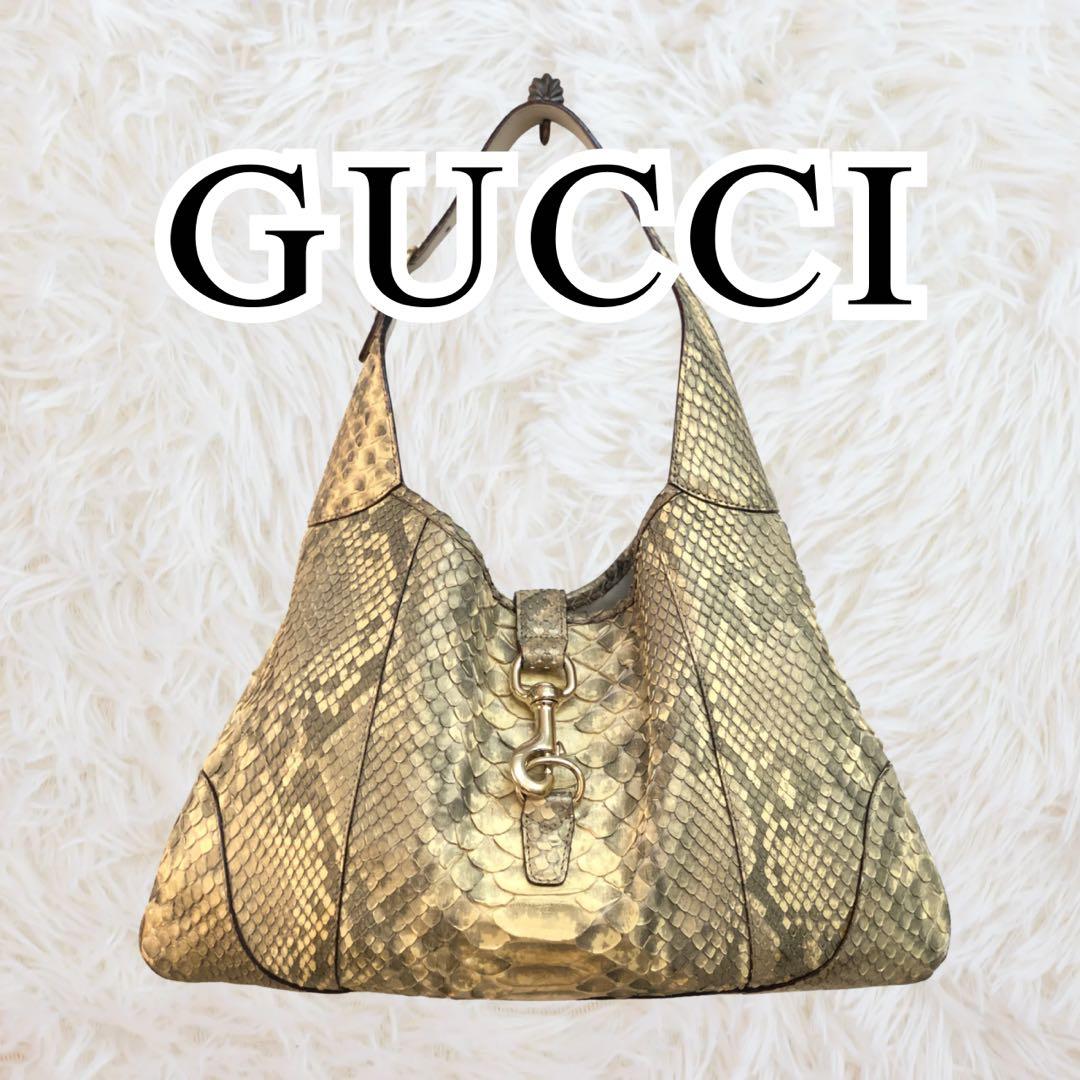 GUCCI ミディアムショルダーバッグ レアなゴールドパイソン 蛇の本革 美品