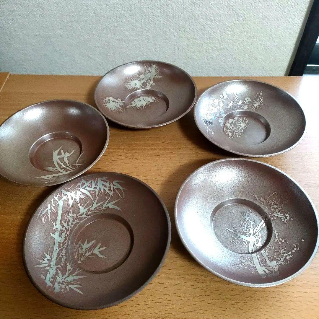 〈未使用〉錫　茶托　錫師　松下喜山作　煎茶道具　5客セット　木箱入り【T-6】