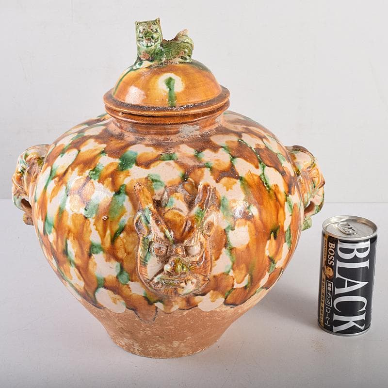 中国　唐三彩　獅子摘　双耳壷　C　R8549B