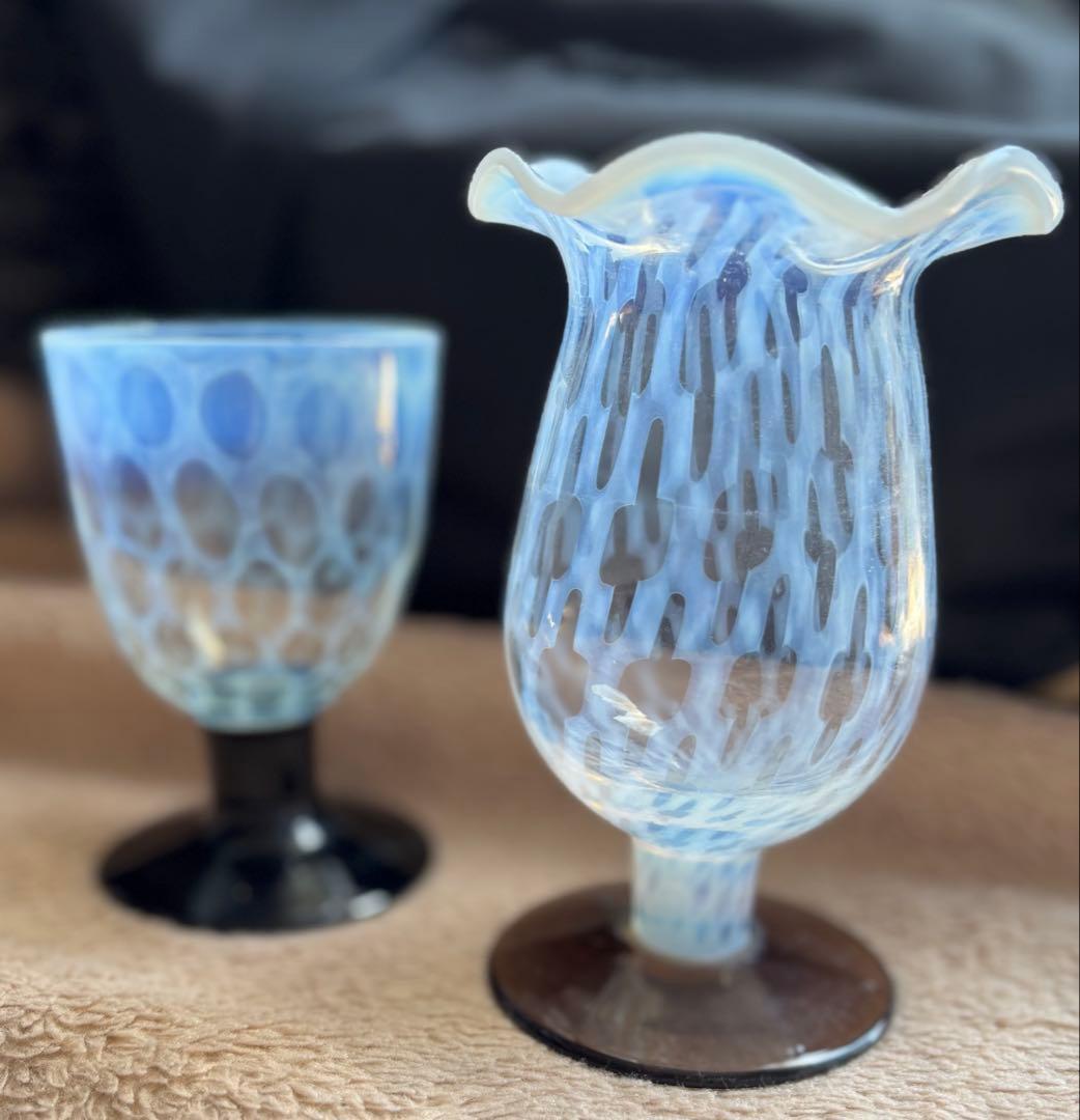 大正　和ガラス　なつめ型　水玉紋様　氷コップ　浪漫　パフェ　骨董　セット　希少