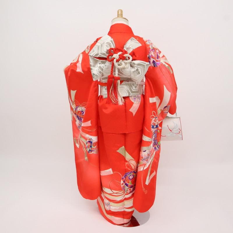 七五三着物11点セット7歳 女の子　束ね熨斗に鞠　子供着物　赤 化繊 11RR2