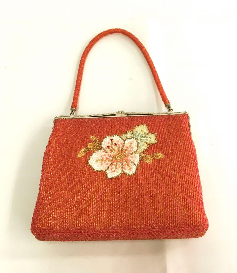 花柄ビーズ刺繍 がま口バッグ 総ビーズ　昭和レトロ