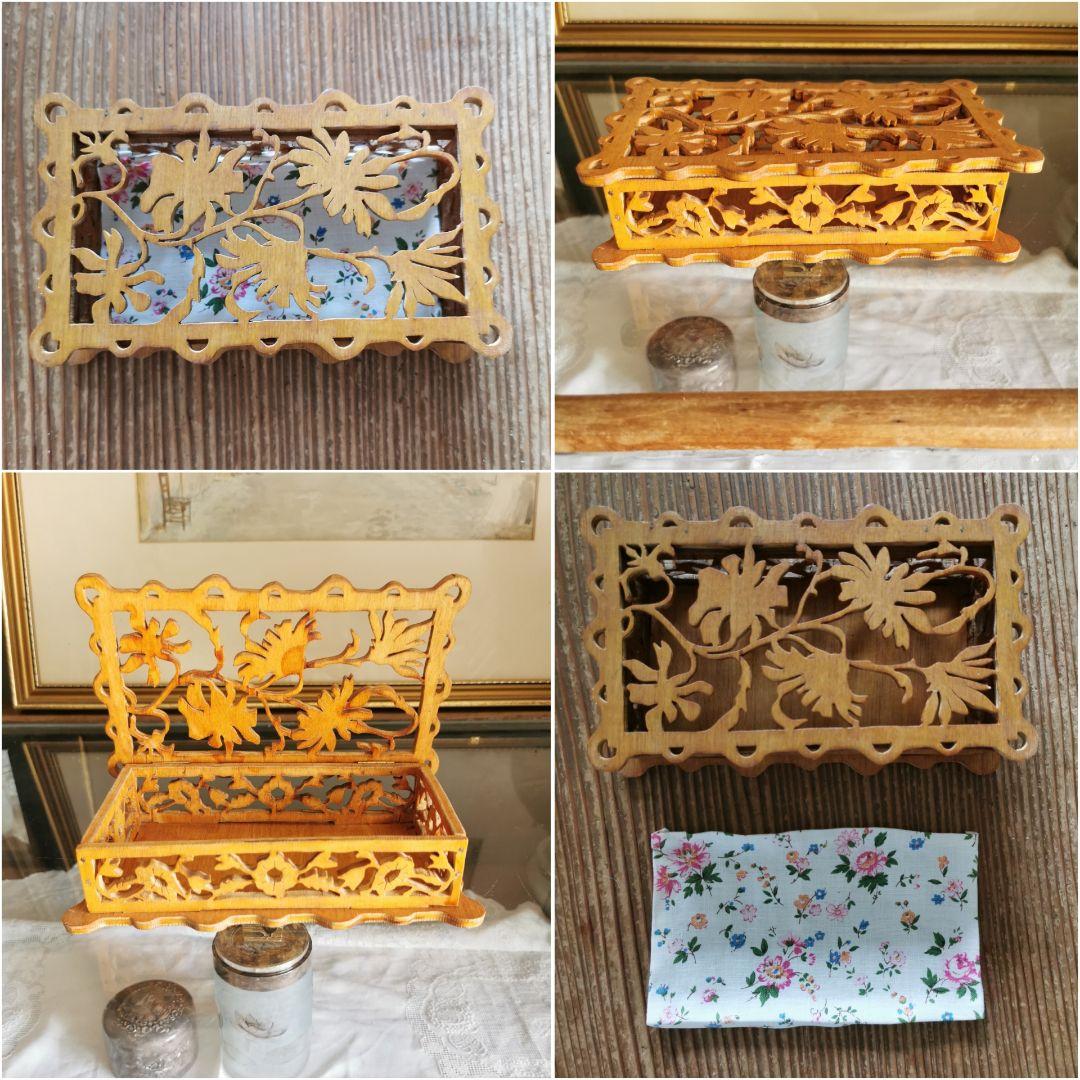 アンティークベルギー 透かし五面草花紋彫 木製小箱 小物入れ アール・ヌーヴォー