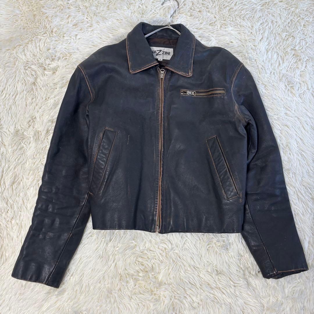 90's✨レザージャケット　シングルライダース　炭黒　フェード　本革　黒　M