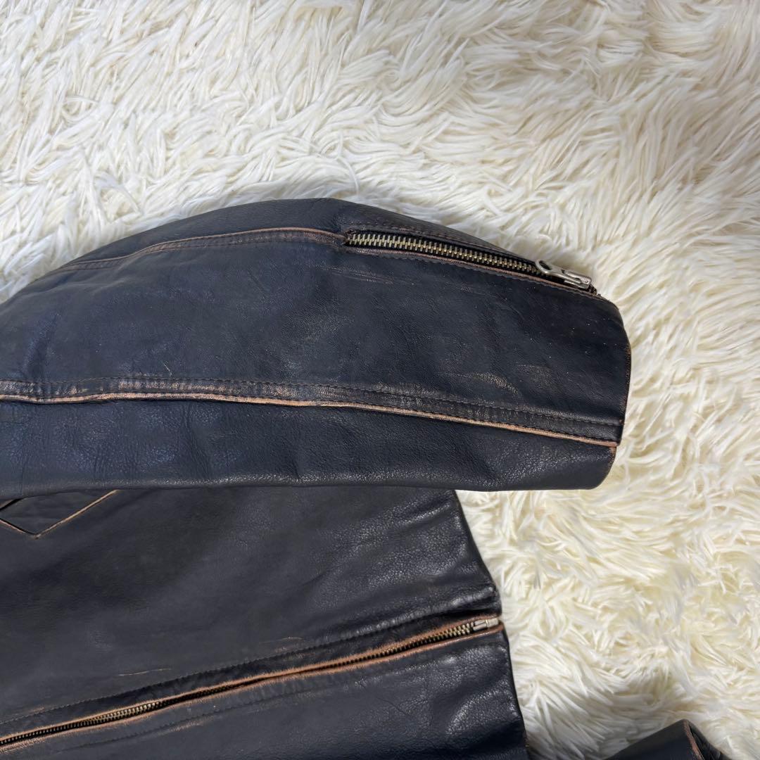 90's✨レザージャケット　シングルライダース　炭黒　フェード　本革　黒　M