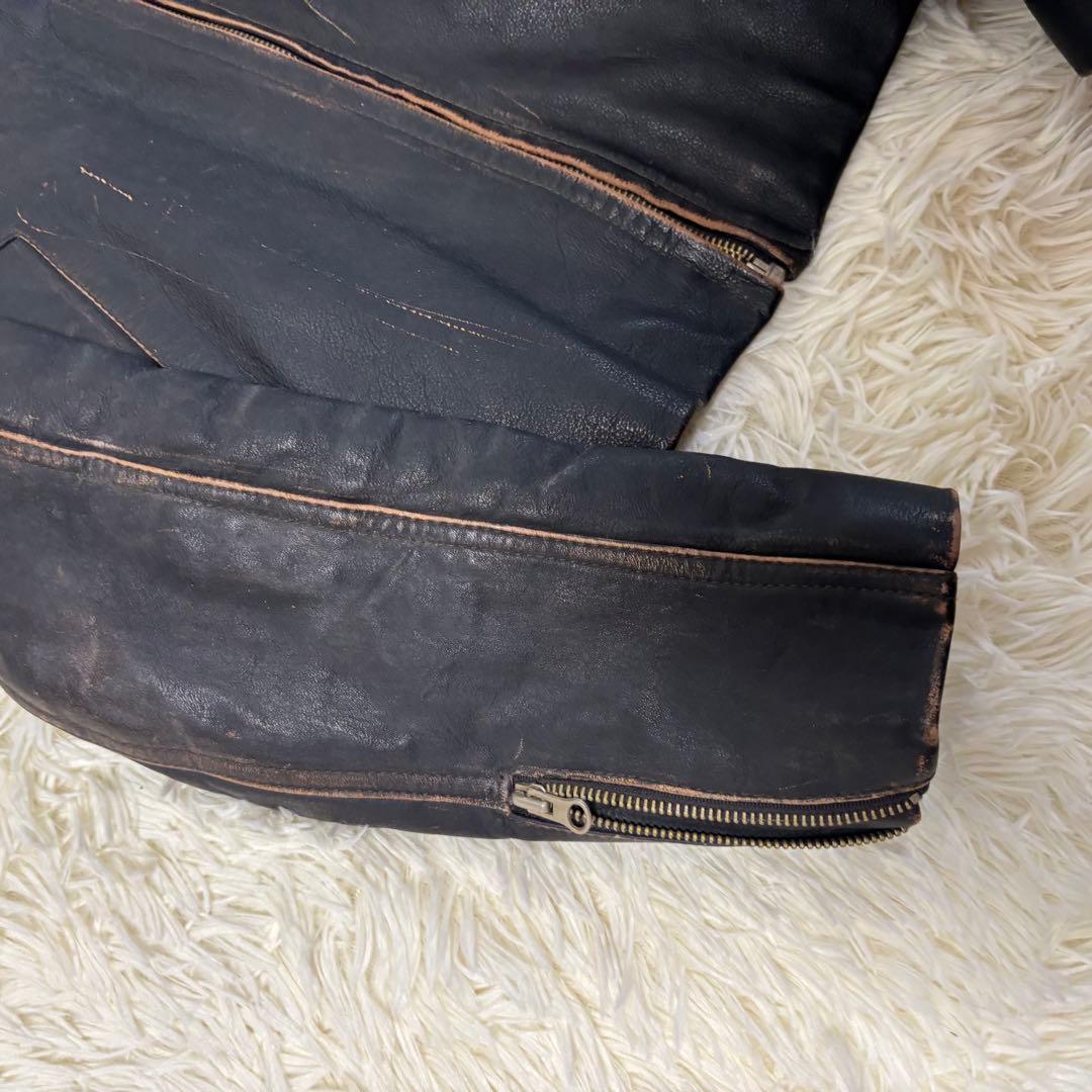 90's✨レザージャケット　シングルライダース　炭黒　フェード　本革　黒　M