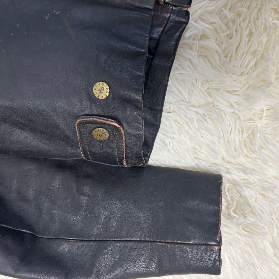 90's✨レザージャケット　シングルライダース　炭黒　フェード　本革　黒　M