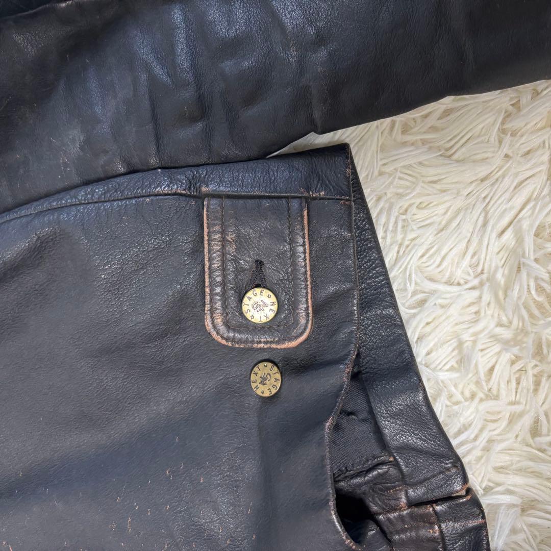 90's✨レザージャケット　シングルライダース　炭黒　フェード　本革　黒　M