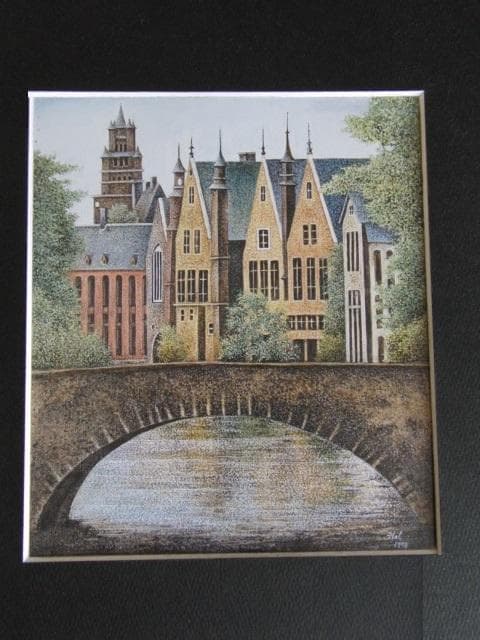 桑島春彦、【橋のある風景】、希少な額装用画集より、新品額装付