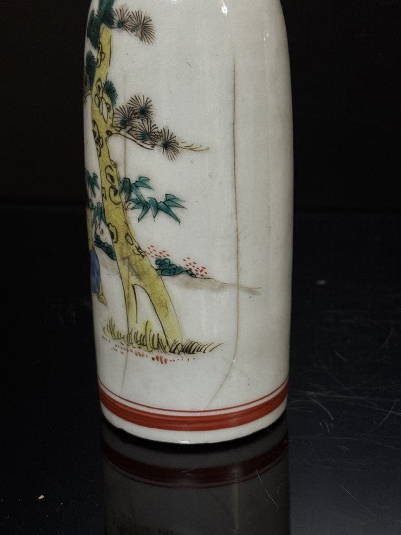 江戸期 湖東焼 彩色寿老人鶴図 徳利 酒器 天保年墨書