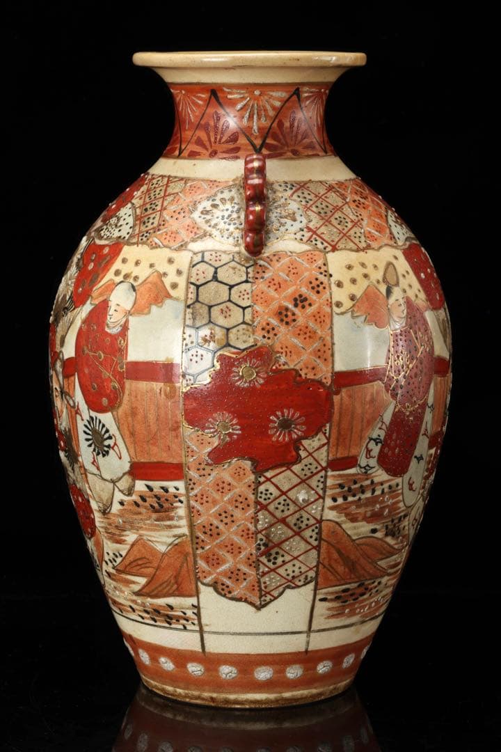 九谷焼 古九谷 赤絵金彩人物図双耳花瓶 飾壺 29㎝ 共箱 時代 古美術 骨董品